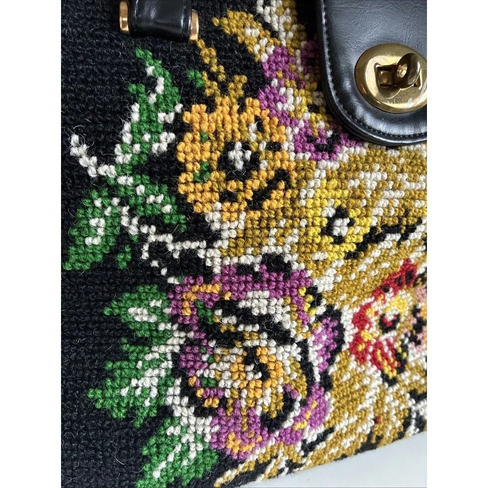 Vintage 1950s Needlepoint Carpetbag Handbag Tapestry Floral Shoulder Bag Purse